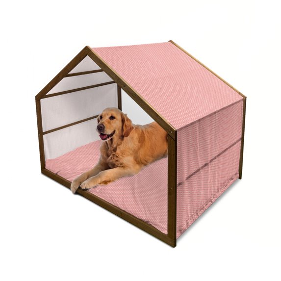 Coral Pet House, Cool Simplistic Linear Sunflower Tied Bound Crochet Damask Floral Lace Tiles Motif, Outdoor & Indoor Portable Dog Kennel with Pillow and Cover, 5 Sizes, Coral White, by Ambesonne