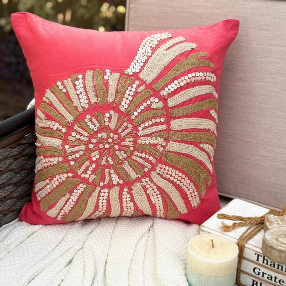 Coral Pillows Cover, Jute and Pearls Sea Shell Sea Creatures Ocean & Beach Theme Pillows Cover, 18x18 inch (45x45 cm) Pillows Cover, Cotton Linen Pillowcase, Floral - Coral Sea Shells