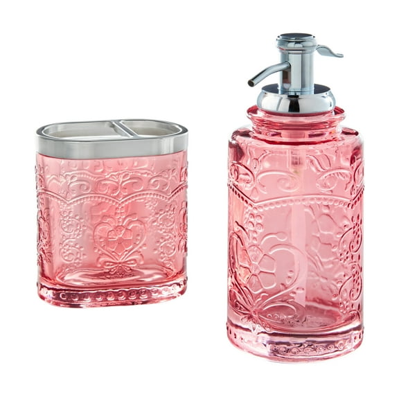 Coral Pink 2 Piece Embossed Glass Bath Accessory Set, The Pioneer Woman Amelia