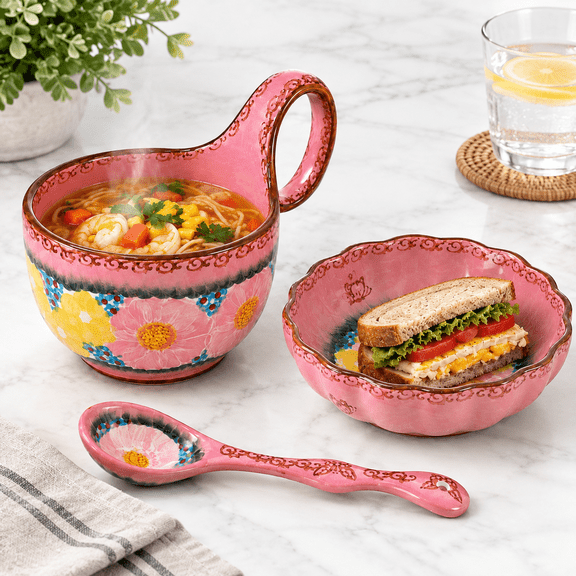 Coral Pink 3-Piece Ceramic Handled Loop Handle Soup Bowl Plate and Spoon Set