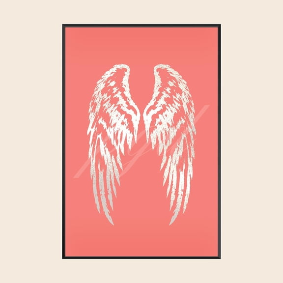 Coral Pink Angel Wings Wall Art, Chic Girly Retro Poster Print, Living Room Bedroom Apartment Dorm Decor