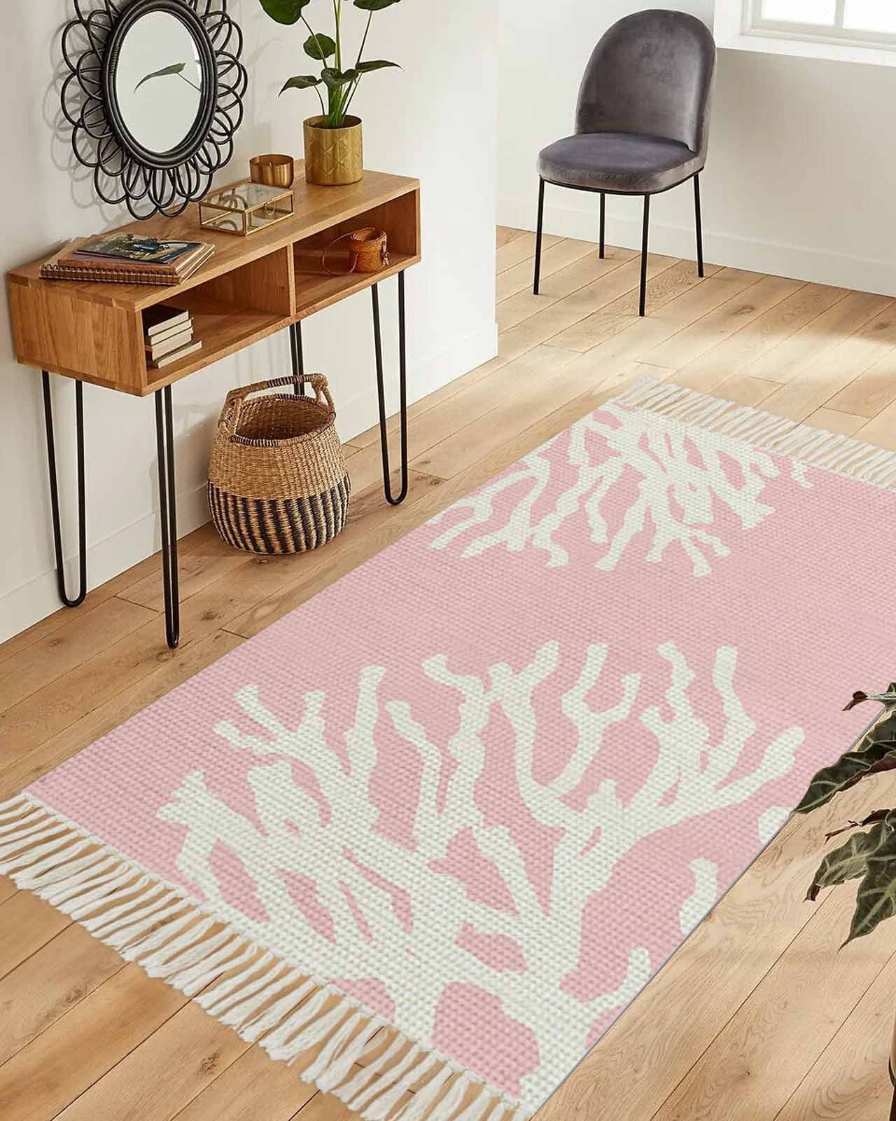 Coral Pink Area Rug 3x5ft Woven Runner Rug,Coastal White Ocean Marine ...
