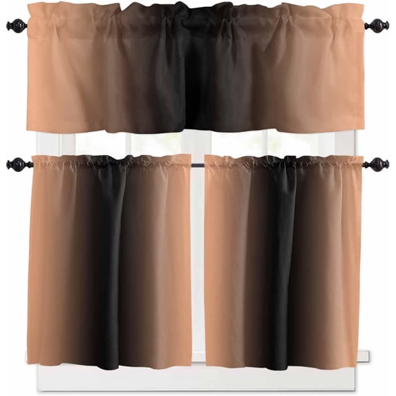 Coral Pink Black Ombre Kitchen Curtains and Valances Set, Rod Pocket Curtains Tier Farmhouse Window Curtains 36 Inch Length, Contemporary Gradient Artistic 3 Piece Kitchen Curtains Set