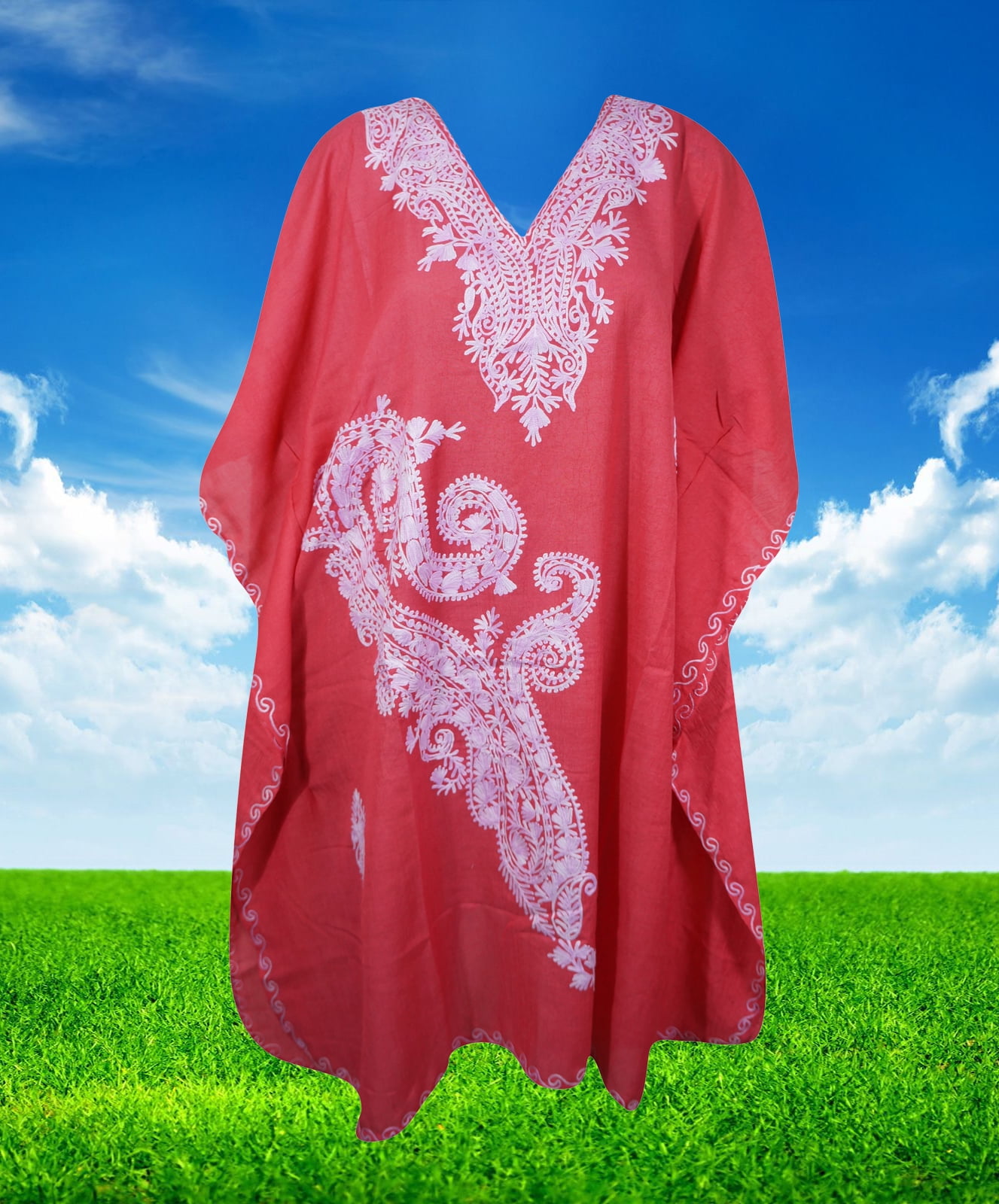 Coral Pink Cotton Embroidered Caftan Dress, Kimono Beach Cover Up Short