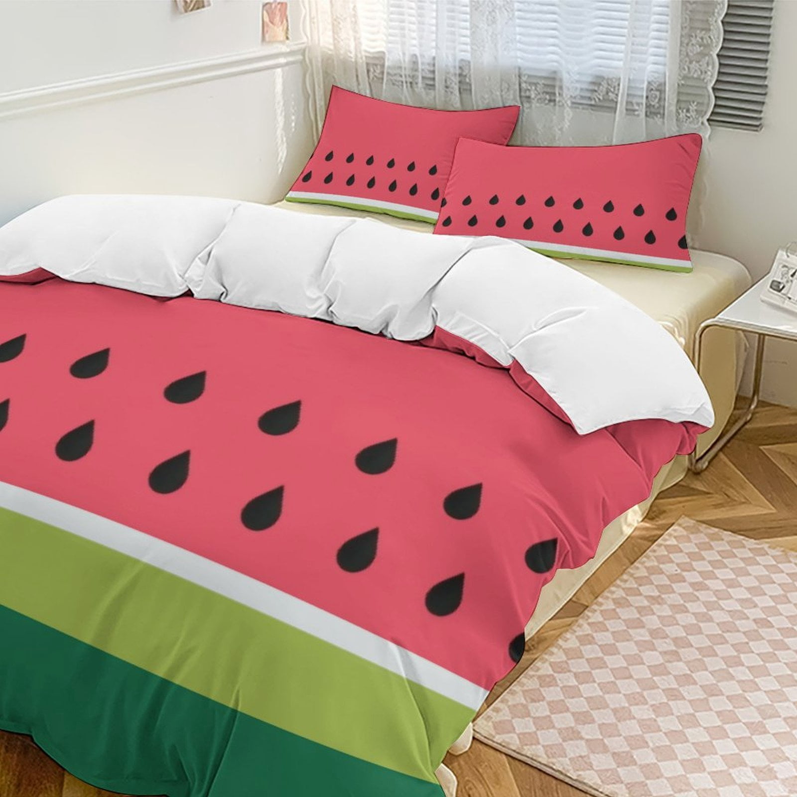 Coral Pink Green Summer Watermelon Fruit Stripes Bedding Set Duvet Cover Couple Bedclothes Pillowcase Customized Home Textiles Bed Set for Full Size
