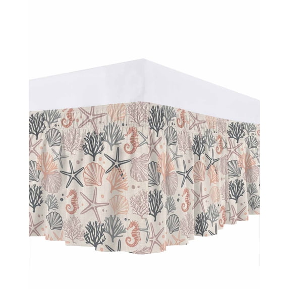 Coral Pink Grey Coastal Bed Skirt Cal King Size,Summer Beach Starfish Coral Nautical Rustic Wrap Around Bed Skirting with Elastic Strap,Dust Ruffled Pleated Bedskirts 16 Inch Drop for Bedroom Beds