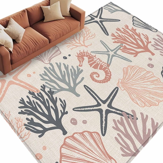 Coral Pink Grey Coastal Large Area Rugs for Bedroom Living Room, Non ...