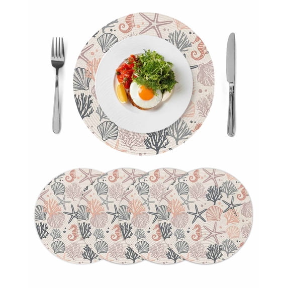 Coral Pink Grey Coastal Round 15 Inch Placemats Set of 4, Summer Beach Starfish Coral Nautical Rustic HeatResistant Non Slip Place Mats for Dining Table, Wipeable Kitchen Table Mats for Housewarming