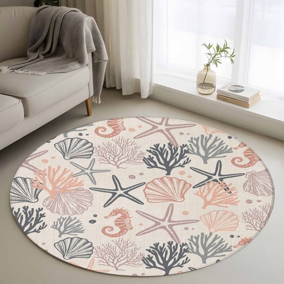 Coral Pink Grey Coastal Round Area Rug 4 FT,Non Slip Indoor Outdoor Rug ...