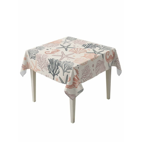 Coral Pink Grey Coastal Table Cloth, Summer Beach Starfish Coral Nautical Rustic Waterproof Tablecloth for Square Tables, Washable Fabric Table Cover for Restaurant Kitchen Dining Tables 54"x54"