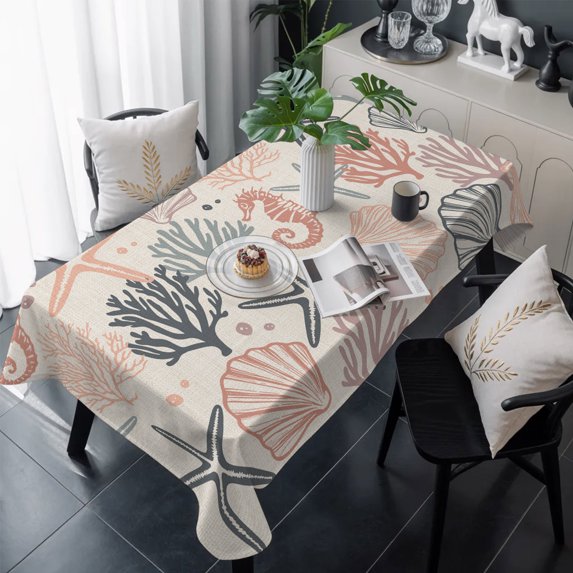 Coral Pink Grey Coastal Table Cloth Waterproof Tablecloths, Summer Beach Starfish Coral Nautical Rustic Tablecloth Dining Table Cover for Kitchen Party Outdoor, Rectangle Tablecloth 54x108 Inch
