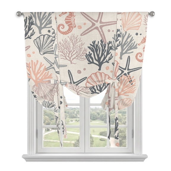 Coral Pink Grey Coastal Tie Up Curtains for Kitchen Windows,Adjustable Rod Pocket Valance 63 Inch Long, Summer Beach Starfish Coral Nautical Rustic Window Treatment Balloon Blind Shade, 52" x 63"
