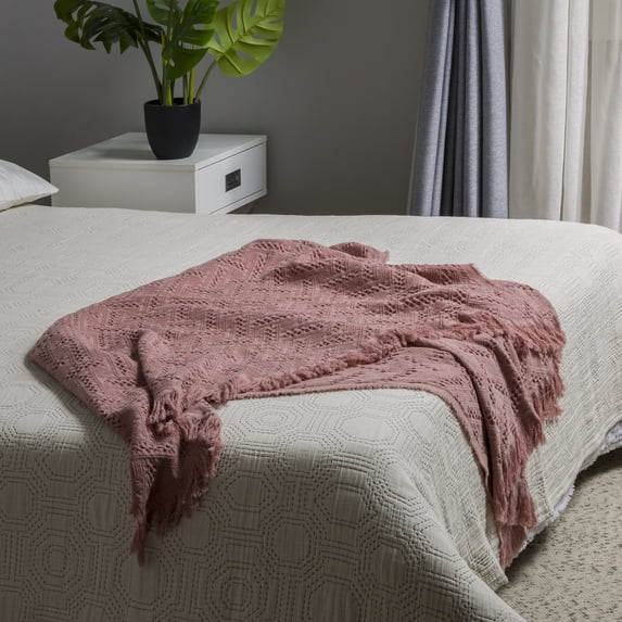 Coral Pink Grid Cotton Woven Throw