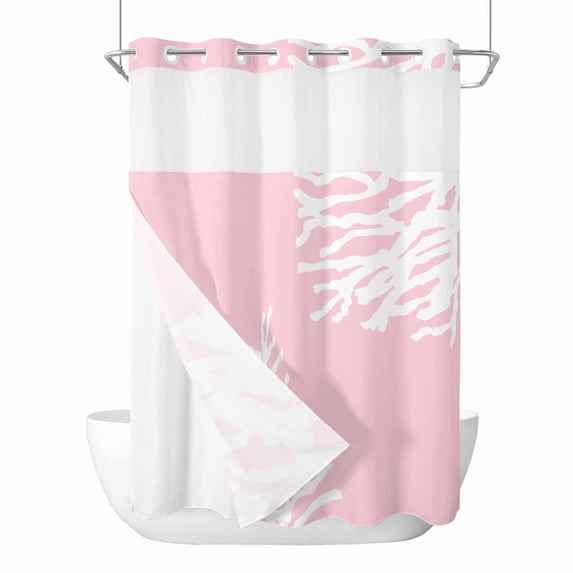 Coral Pink No Hook Shower Curtain Waterproof, Bathroom Curtains with Snap in Liners and See Through Top Window, Coastal White Ocean Marine Nautical Beach Hotel Style Bathtub Curtains Shower 72"Wx84"L