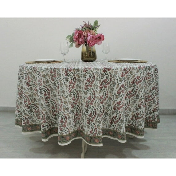 Coral Pink, Hunter Green Round Tablecloth, Indian Floral Block Print Cotton Tablecloth, Party Wedding Farmhouse Housewarming Home Restaurant