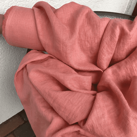 Coral Pink Linen Fabric by the Yard – 150-170 GSM Medium Weight, 58" Wide – Soft Pre-Washed Natural Fabric for Sewing, Clothing, Curtains, and Home Décor