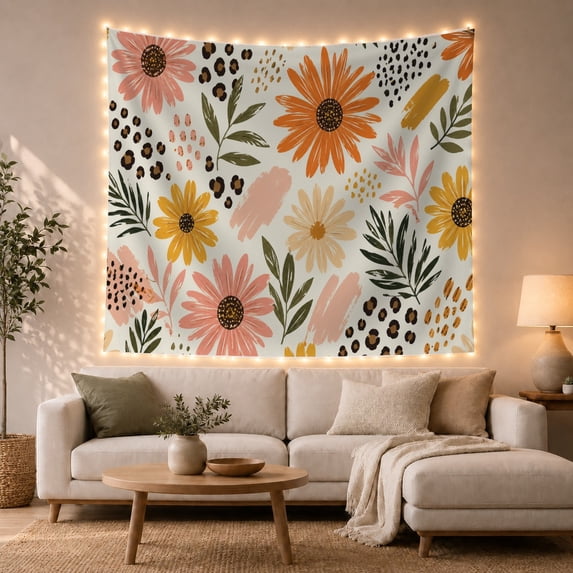 Coral Pink and Orange Daisies on Pale Blue, Whimsical Abstract for Flower Lovers, Botanical Wall Art, Housewarming Gift, Tapestry Wall Hanging for Bedroom and Studio