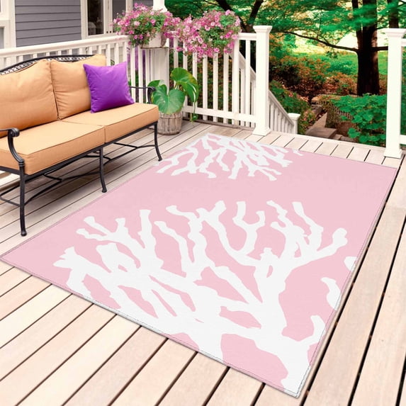 Coral Pink Outdoor Rug for Patio/Deck/Porch, Non-Slip Large Area Rug 3 x 5 Ft, Coastal White Ocean Marine Nautical Beach Indoor Outdoor Rugs Washable Area Rugs, Reversible Camping Rug Carpet Runner