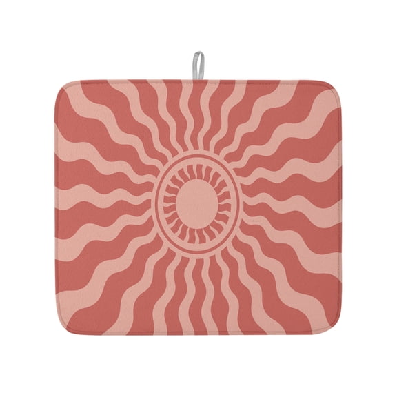 Coral Pink Radiant Sun Dish Drying Mat 16x18 inch Abstract Wavy Sunbeams Rings Boho Eclectic Super Absorbent Microfiber Dish Drying Pad for Kitchen Countertops Sink Dish Drainer Racks 1 Pack