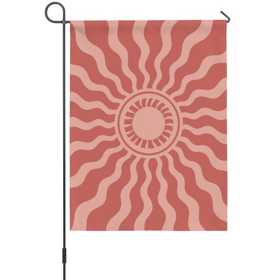 Coral Pink Radiant Sun Garden Flag 12 x 18 Inches, Abstract Wavy Sunbeams Rings Boho Eclectic Weather Proof Outdoor Patio Flags Double Sided Small Garden Decoration for Yard Outside Home