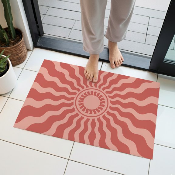 Coral Pink Radiant Sun Indoor Door Mat 16x24 Inch Abstract Wavy Sunbeams Rings Boho Eclectic Front Door Mat Non Slip Washable Entryway Rug Low Profile Dirt Trapper Doormat for Kitchen Bedroom