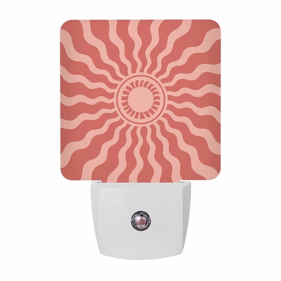 Coral Pink Radiant Sun Night Lights, Abstract Wavy Sunbeams Rings Boho Eclectic Smart Auto Dusk to Dawn Sensor Nightlights Plug-in Nightlight for Bedroom Bathroom Living Room Kitchen Hallway