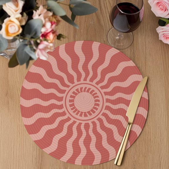 Coral Pink Radiant Sun Round Braided Placemats Set of 8, Abstract Wavy Sunbeams Rings Boho Eclectic Heat Insulation Place Mats Washable Non-Slip Table Mats for Kitchen Dining Party, 13 Inches