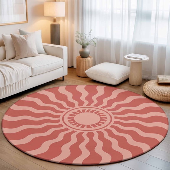 Coral Pink Radiant Sun Round Rug 5Ft Abstract Wavy Sunbeams Rings Boho Eclectic Circle Area Rugs Washable Non Slip Indoor Floor Mats Carpet for Living Room Bedroom Dining Room Home Decor