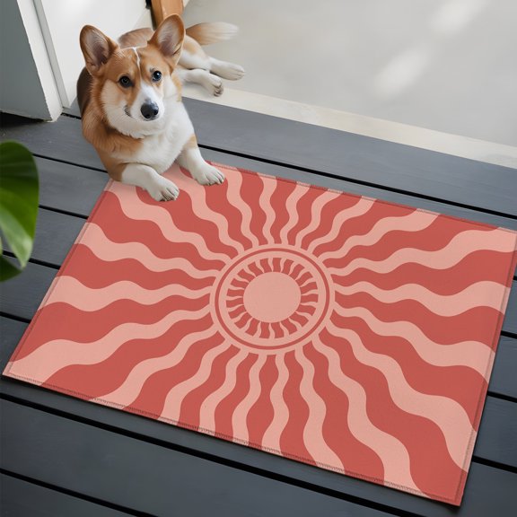 Coral Pink Radiant Sun Small Area Rugs 2x3 Abstract Wavy Sunbeams Rings Boho Eclectic Entryway Rugs Washable Door Mat, Low-Profile Area Rugs Non Slip Floor Carpet for Living Room Bedroom Home Office