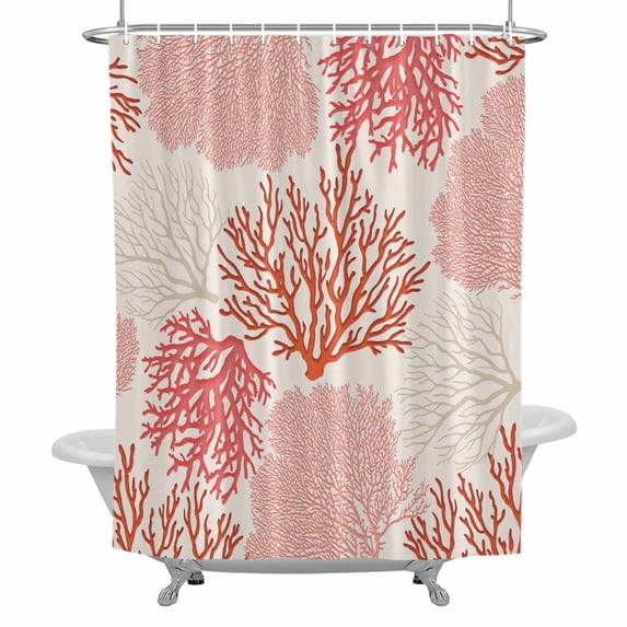 Coral Pink Red Shower Curtain Set with Hooks, Coastal Nautical Ocean Beach Waterproof Fabric Bathroom Curtains Decor Home Accessories,72 X 72 Inch Long