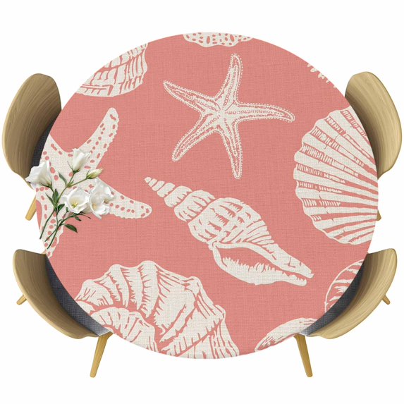 Coral Pink Starfish Coastal Round Tablecloth 55-60 Inch Round Fitted Table Cloth with Elastic Edge, Shell Summer Beach Nautical Waterproof Table Cover Protector for Outdoor Picnic Party Dining