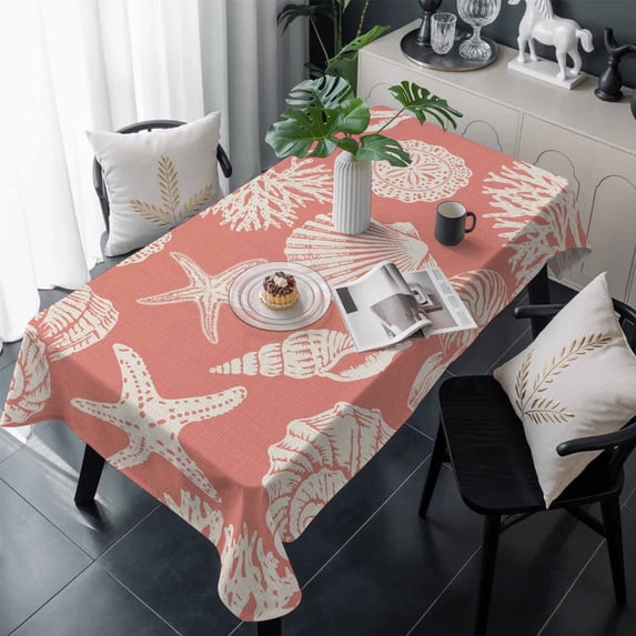 Coral Pink Starfish Coastal Table Cloth Waterproof Tablecloths, Shell Summer Beach Nautical Tablecloth Dining Table Cover for Kitchen Party Tabletop Outdoor, Rectangle Tablecloth 54x108 Inch