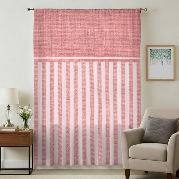 Coral Pink Striped Sheer Curtains 72 Inches Long, Boho Stripes Minimalist Linen Texture Light Filering Curtains, Breathable Simi Curtain Privacy Drapes for Living Room Bedroom Window Treatment
