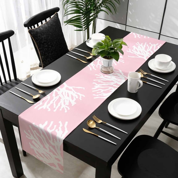 Coral Pink Table Runner 36 Inches Small, Coastal White Ocean Marine Nautical Beach Kitchen Dining Burlap Linen Tablerunner for Small/Round/Square/Wedding/Coffee/Dining Table Party Home Décor 13 x 36