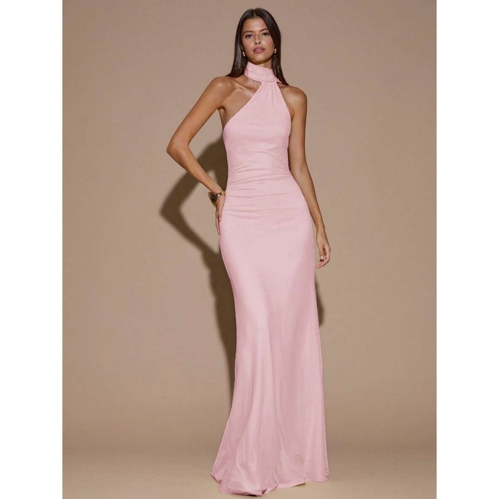 coral backless maxi dress Pink Womens Asymmetric Ruched Halter For Party Cocktail Formal Occasion Halter dresses