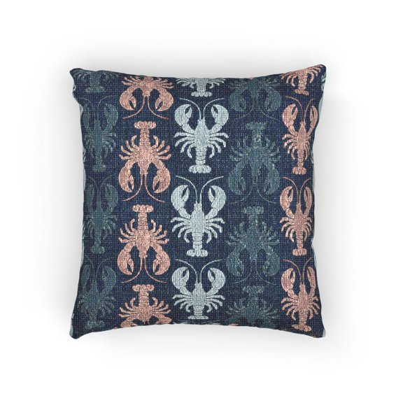 Coral Pink and Blue Lobster Pattern Woven Pillow, Cotton-Polyester Shell, Coastal Nautical Home Accent, 17 x 18 in