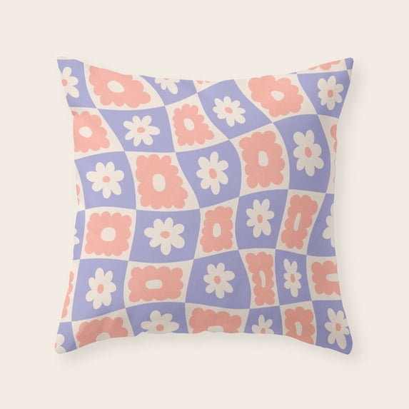 Pink Daisy Print Coral Pink and Lavender Blue Daisy Checkerboard Envelope Throw Pillow ...