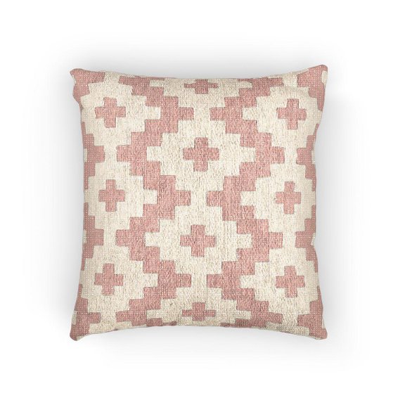 Coral Pink and Off-White Stepped Cross Geometric Woven Pillow, Cotton-Polyester Shell