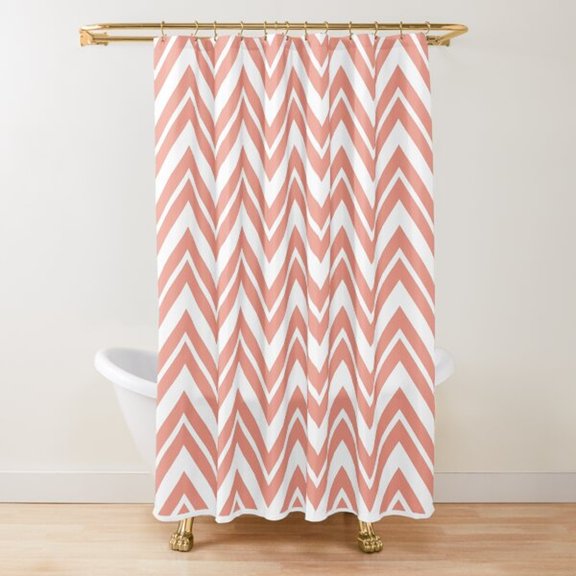 Coral Pink and White Zigzag Chevron Shower Curtain, 100% Polyester, Geometric Bathroom Decor