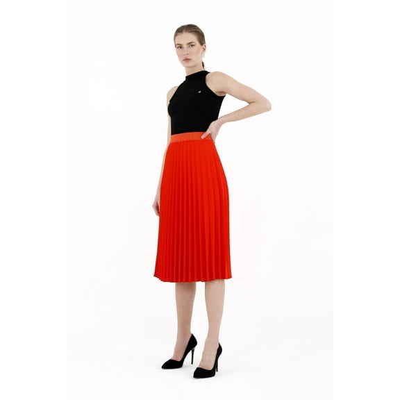 Coral Pleated Skirt High Waist Elastic Waist Band Midi Skirt