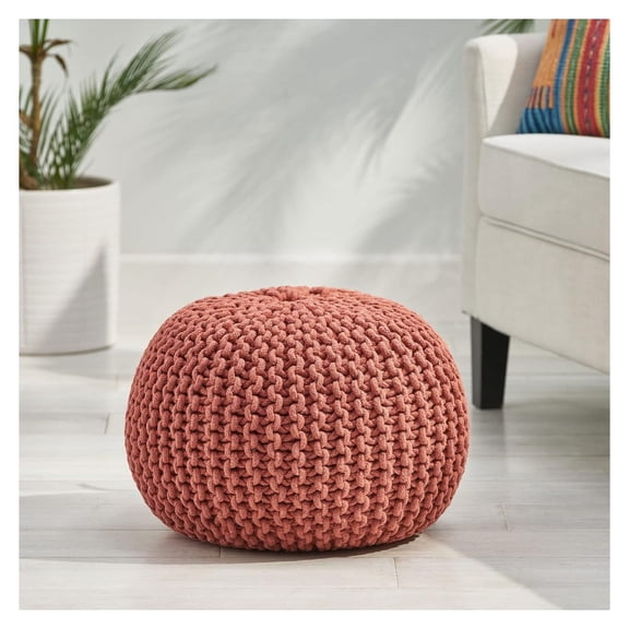 Coral Pouf, Modern Knit Cotton Pouf - 20x20x14in Round Ottoman, Handcrafted Floor Cushion for Living Room, Bedroom Decor, Boho Style Seating