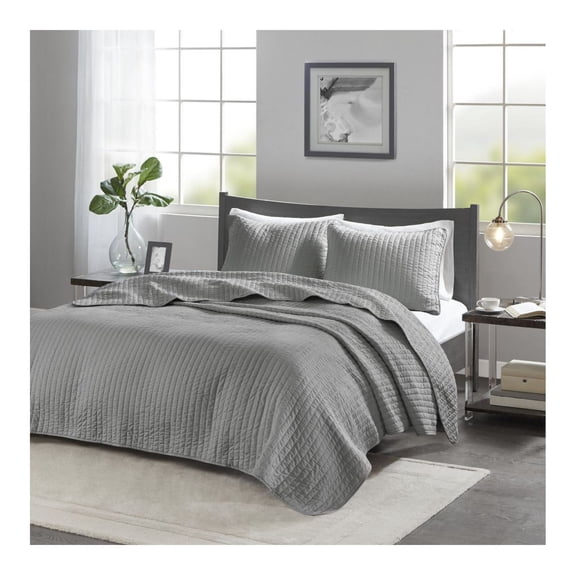 Coral Quilt Set 3 Piece - Reversible Microfiber Quilt & 2 Shams - Lightweight Bedding for Summer or Layering - Full/Queen Grey