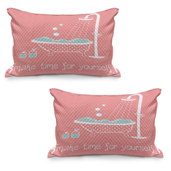 Coral Quilted Pillowcover Set of 2, Clawfoot Tub with Inspirational Make Time Yourself Therapy Theme Print, Standard Queen Size Pillow Cover Bedroom, 36" x 20", Coral and Turquoise, by Ambesonne