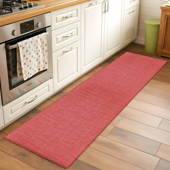 Coral Red 2x6 Kitchen Runner Rug, Farmhouse Burlap Solid Red Color Modern Linen Texture Non-Skid Rubber Backing Large Rectangle Rugs - Living Room Bedroom Office, Indoor Floor Carpets Washable Rug