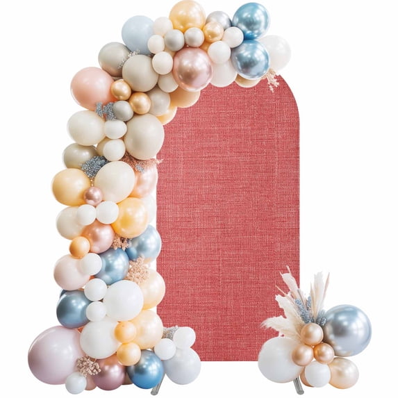 Coral Red 5FT Arch Backdrop Covers, Farmhouse Burlap Solid Red Color Modern Linen Texture Wedding Arch Cover Stretchy, Chiara Arches Backdrop Stand Covers for Birthday Baby Shower Party Banquet Decor