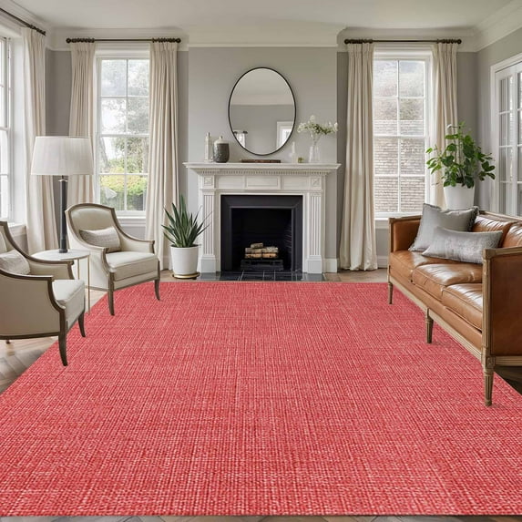 Coral Red 5x8 Area Rugs, Farmhouse Burlap Solid Red Color Modern Linen Texture Non-Skid Rubber Backing Large Rectangle Rugs - Living Room Bedroom Home Office, Indoor Floor Mat Carpets Washable Rug