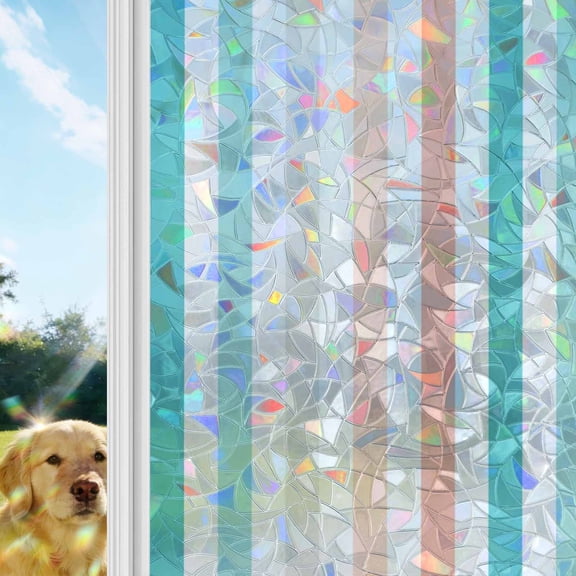 Coral Red Aqua Stripes Rainbow Window Privacy Film, Minimalist Abstract Vertical Striped Stained Glass Window Film, Sun Blocking Glass Clings Static Cling Non Adhesive Door Stickers 29.5 x 118 Inches