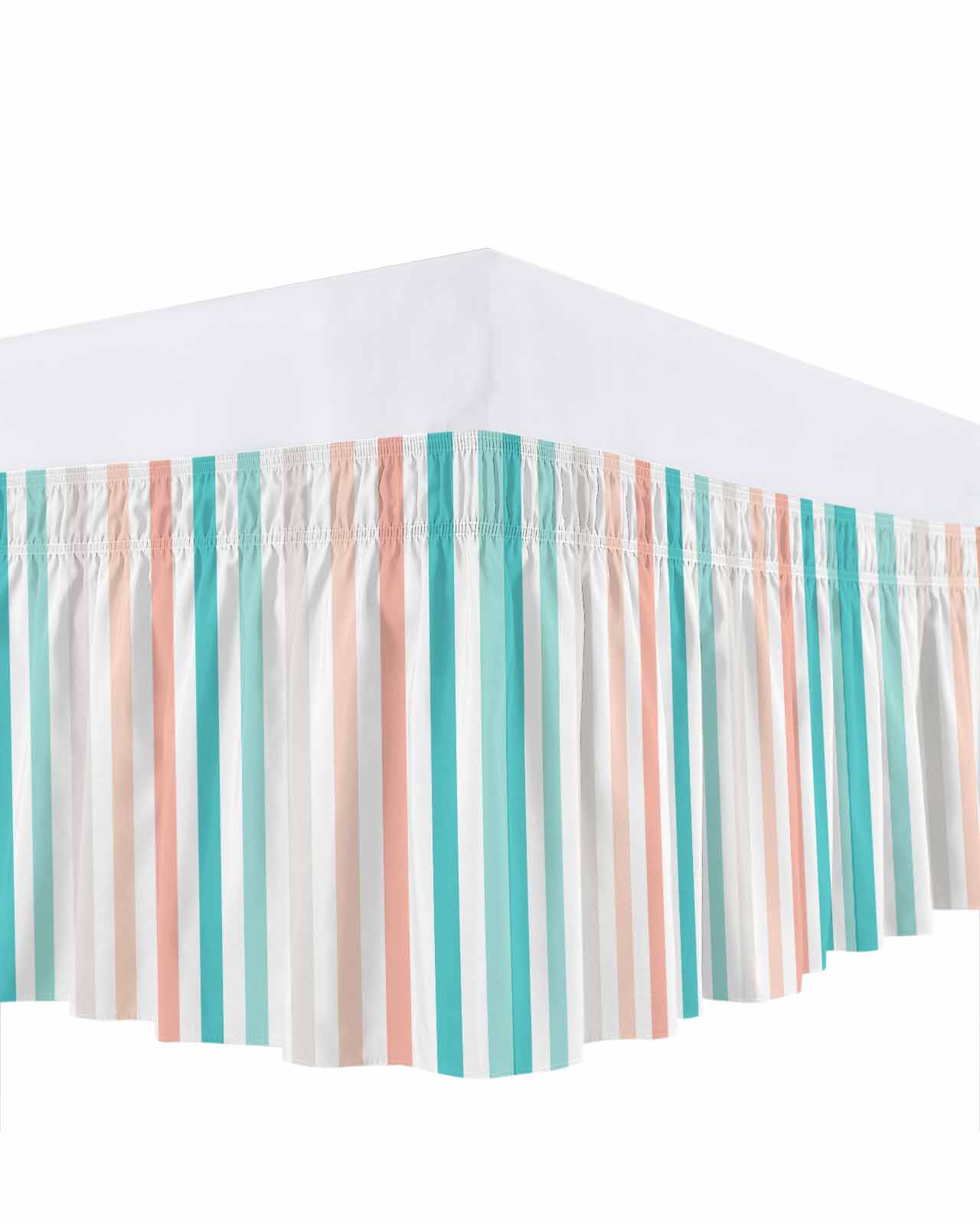 Coral Red Aqua Stripes Ruffle Bed Skirt Queen Size Minimalist Abstract Vertical Striped Adjustable Elastic Dust Bed Skirts Wrap Around Bedskirt Wrinkle Free Easy Fit with 18 Inch Drop