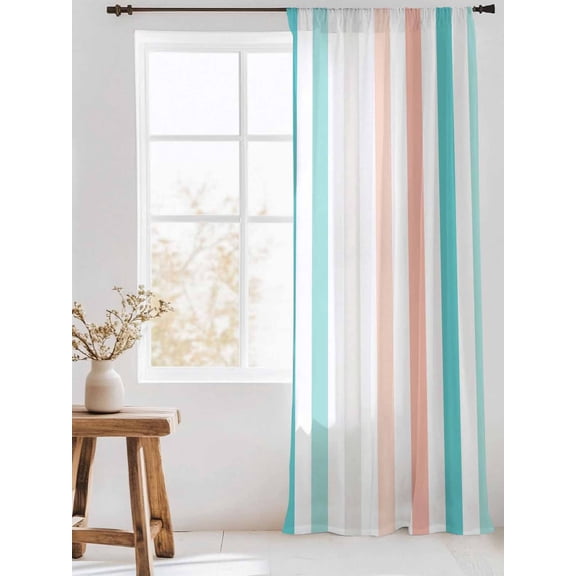 Coral Red Aqua Stripes Sheer Curtains 108 Inch Long 1 Panel Minimalist Abstract Vertical Striped Light Filtering Curtain Drapes Rod Pocket Voile Window Curtain for for Living Room Bedroom 52" x 108"