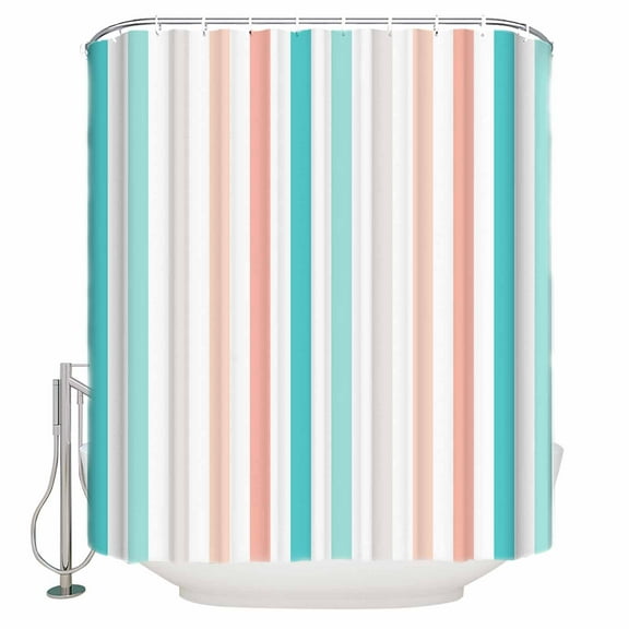 Coral Red Aqua Stripes Shower Curtain, 72" x 72", Minimalist Abstract Vertical Striped Waterproof Bathroom Curtain Washable Shower Curtain Set with 12 Hooks